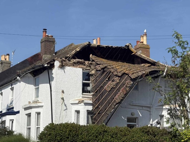 Collapsed roof at residential property on Ashburnham Road in Hastings