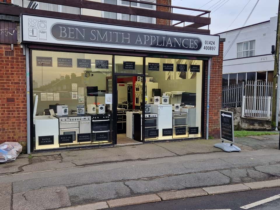 Front view of the Ben Smith Appliances showroom displaying cookers, washing machines and household appliances in Hastings.