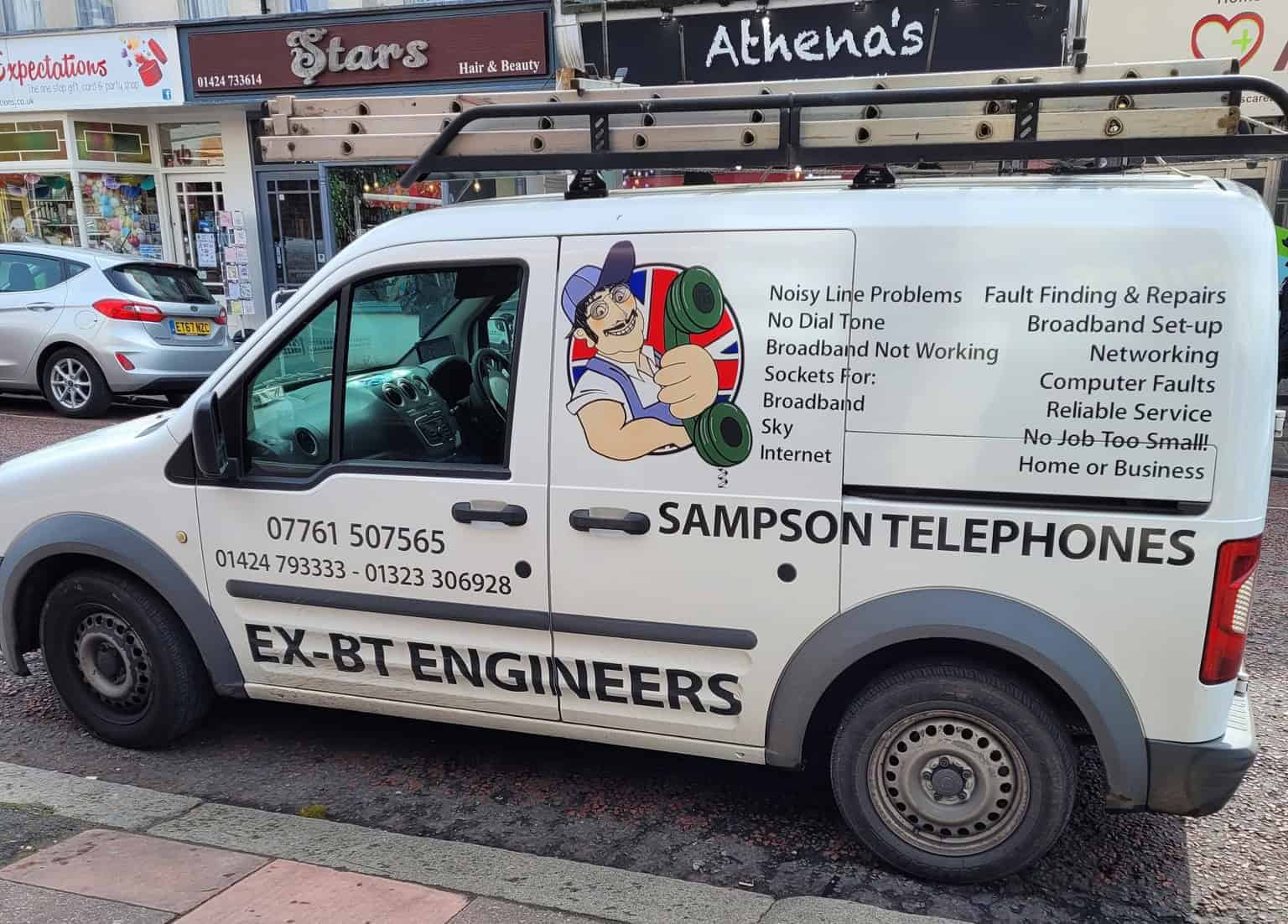 Sampson Telephones service van displaying broadband repair, networking and telephone fault-finding services.
