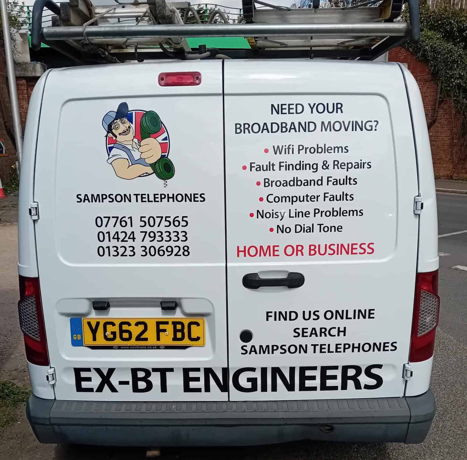 Rear view of a Sampson Telephones service van displaying broadband fault finding, telephone repairs and Wi-Fi troubleshooting services.